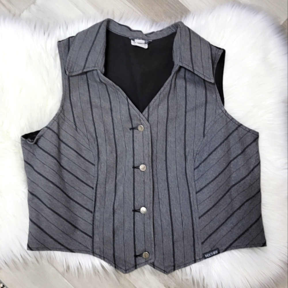 Vintage Rockies Gray, Black V-neck Western Denim Vest Women's XL USA Made